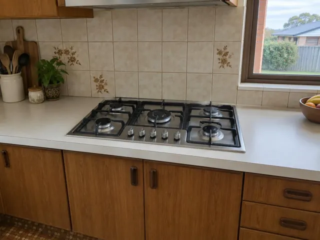 Built-in gas cooktop on a tiled kitchen bench beside a window in Rankin Park