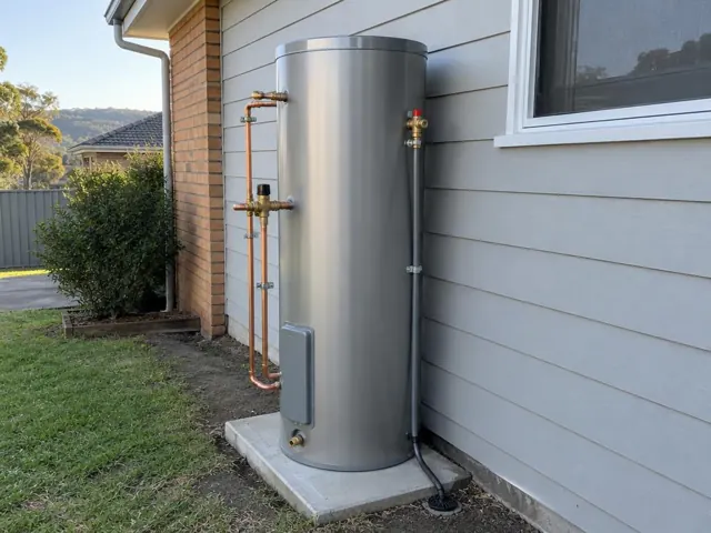 Stainless hot water cylinder on a concrete pad beside a house wall in Cardiff Heights